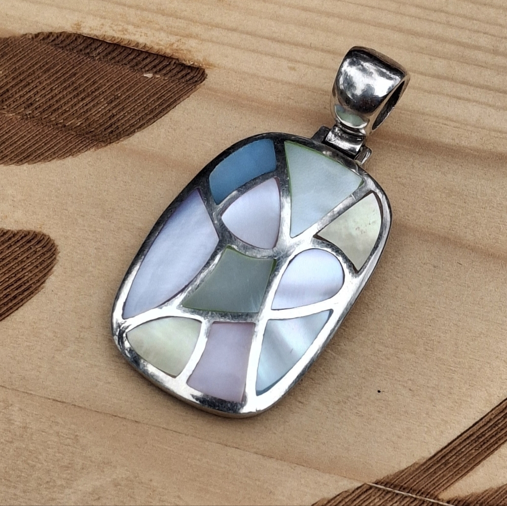 Sterling Silver Pendant With Multicolor Mother Of Pearl Geometric Inlay